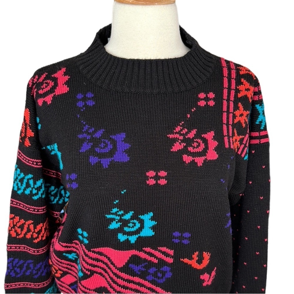 OSSI Skiwear Vintage Sweater 80s Wool Blend‎ Black Pullover Made in Hong Kong M - Picture 3 of 16